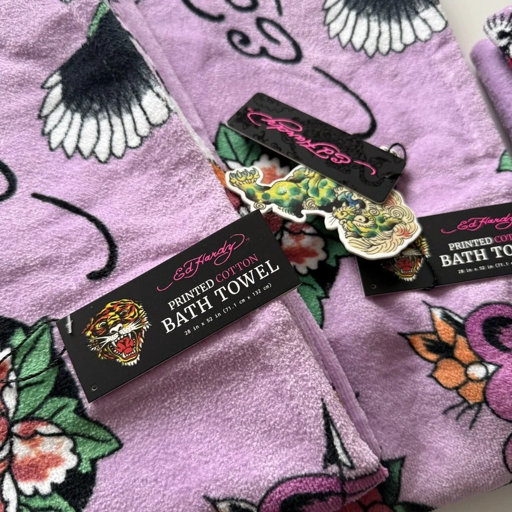 Ed Hardy Purple Bath Towel 4 Piece Set, 100% Cotton 2 Bath Towels 2Hand Towels